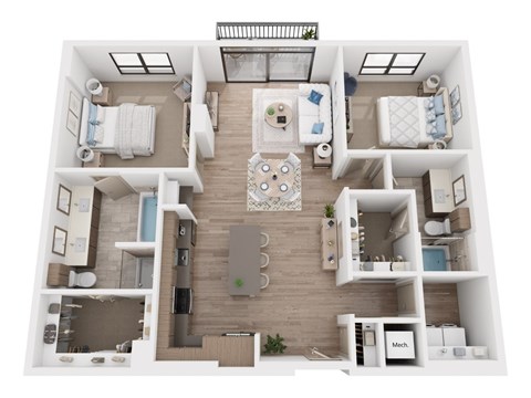 Floor plan for 2 beds, 2 baths, 1362 sqft